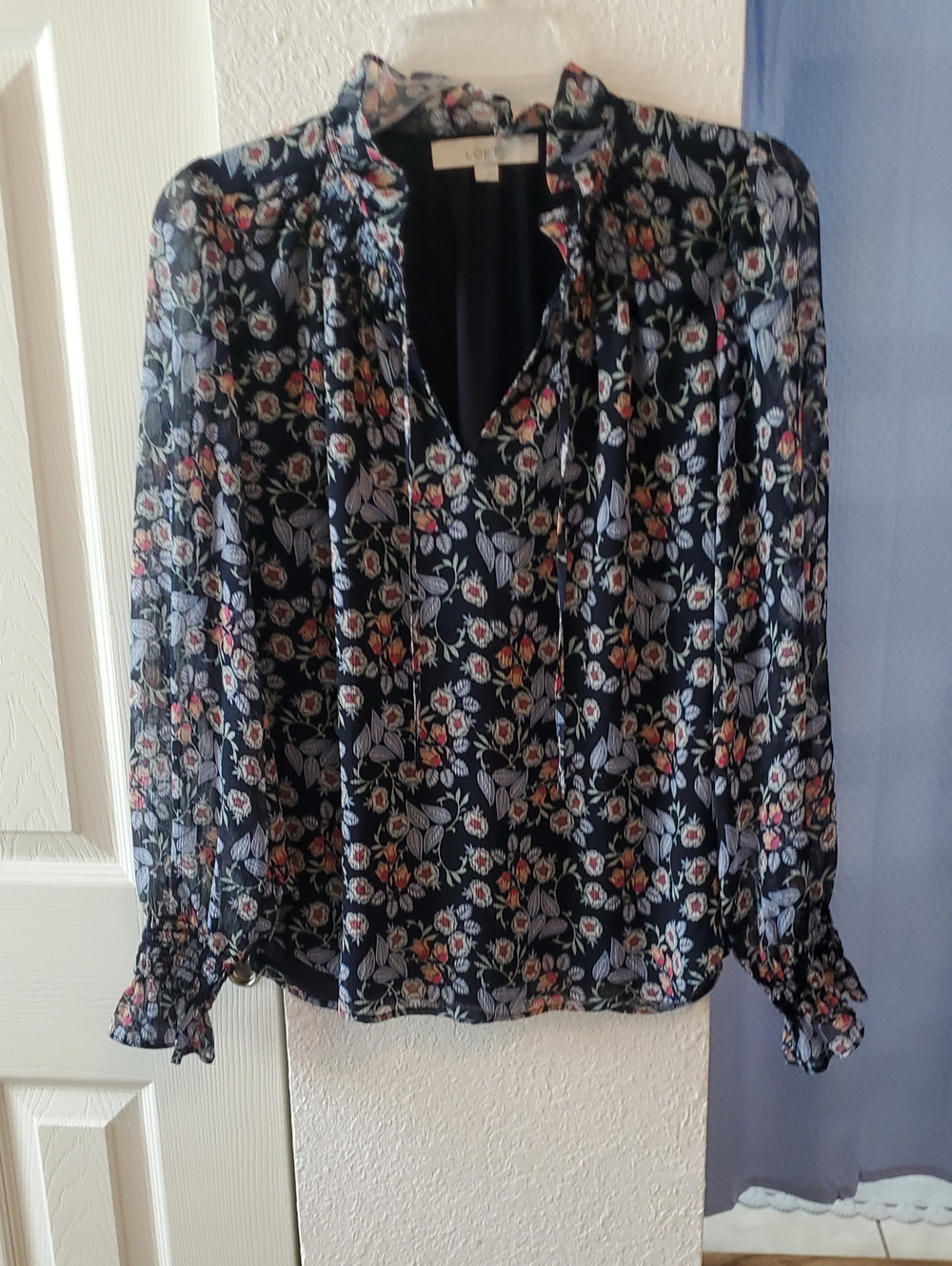 LOFT Navy Floral Ruffle Tie-Neck Blouse
